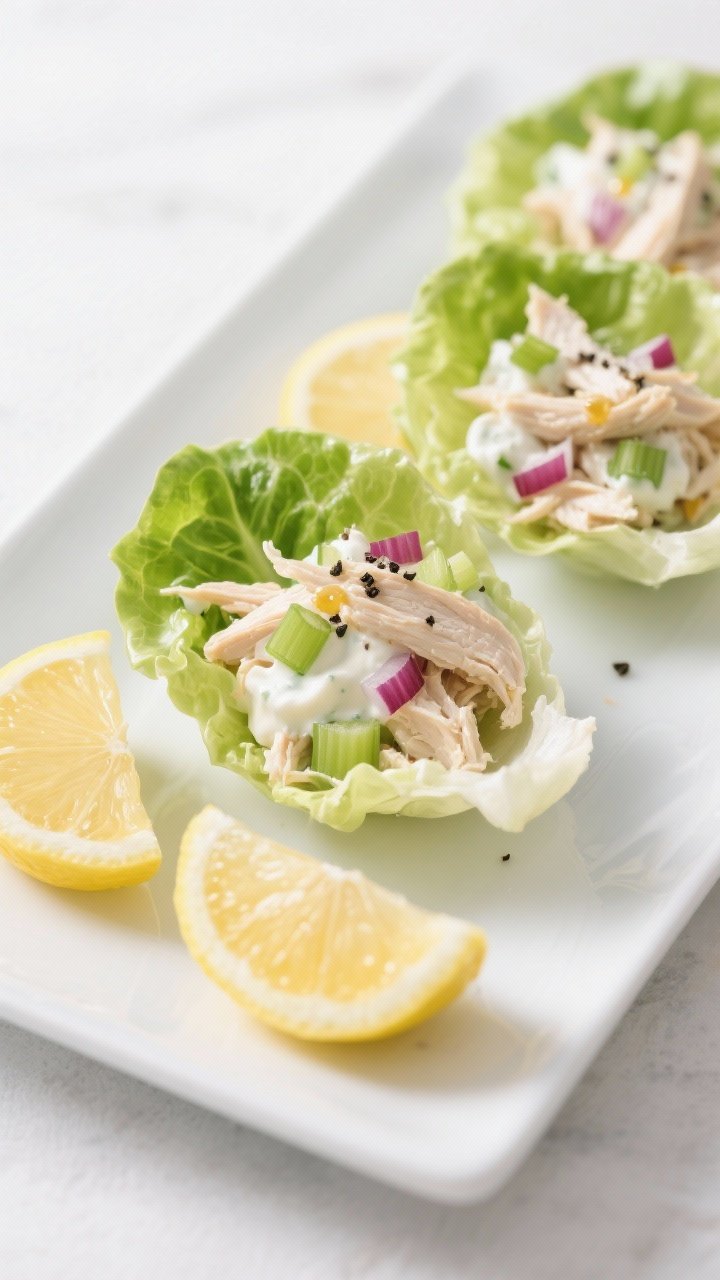 Straight-on plated presentation of High-Protein Greek Yogurt Chicken Salad Lettuce Cups: butter lettuce leaves filled with shredded cooked chicken bound with plain nonfat Greek yogurt, a touch of light mayo, Dijon mustard, lemon juice, and a whisper of honey; finely diced celery and red onion for crunch (optional visual add), cracked black pepper on top; arranged on a white rectangle platter with lemon slices; bright, clean daylight, minimalist styling for a fresh, healthy vibe.