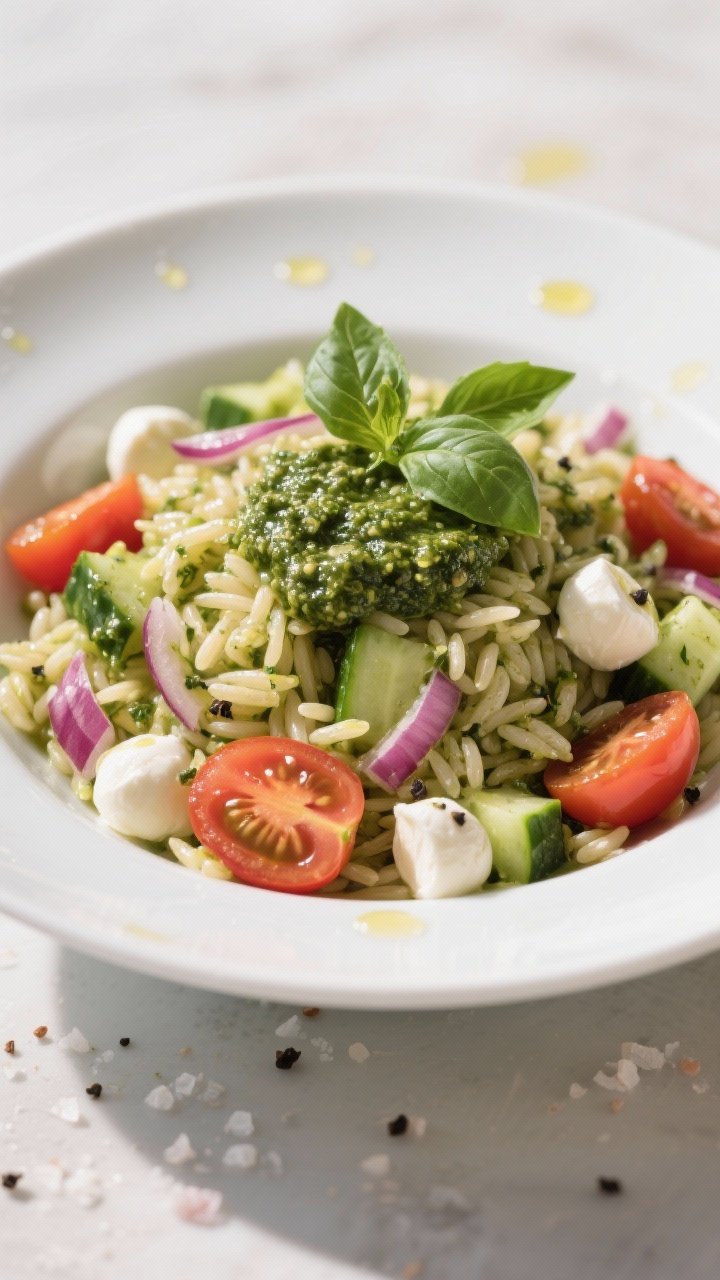 Straight-on plated presentation of Pesto Orzo Salad: glossy orzo tossed with basil pesto, burst cherry tomatoes (some split, juices glistening), diced English cucumber, finely minced red onion, cracked black pepper, and flaky salt; marinated mozzarella pearls tucked throughout; served in a wide white bowl, extra pesto dollop and basil leaves on top, olive oil droplets catching light; bright Mediterranean vibe.