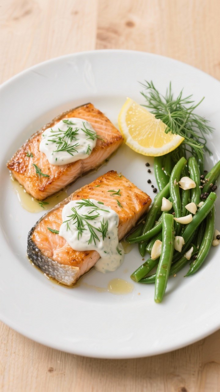 Straight-on plated salmon dinner: two skin-on salmon fillets pan-seared to crisp skin with lemon-dill low-fat yogurt sauce spooned over, flecked with fresh dill; side of garlicky sautéed green beans (trimmed, tossed with minced garlic, olive oil), sprinkled with kosher salt and black pepper; lemon rounds and extra dill fronds; clean, minimal white plate on a light wood table for a speedy, elegant feel