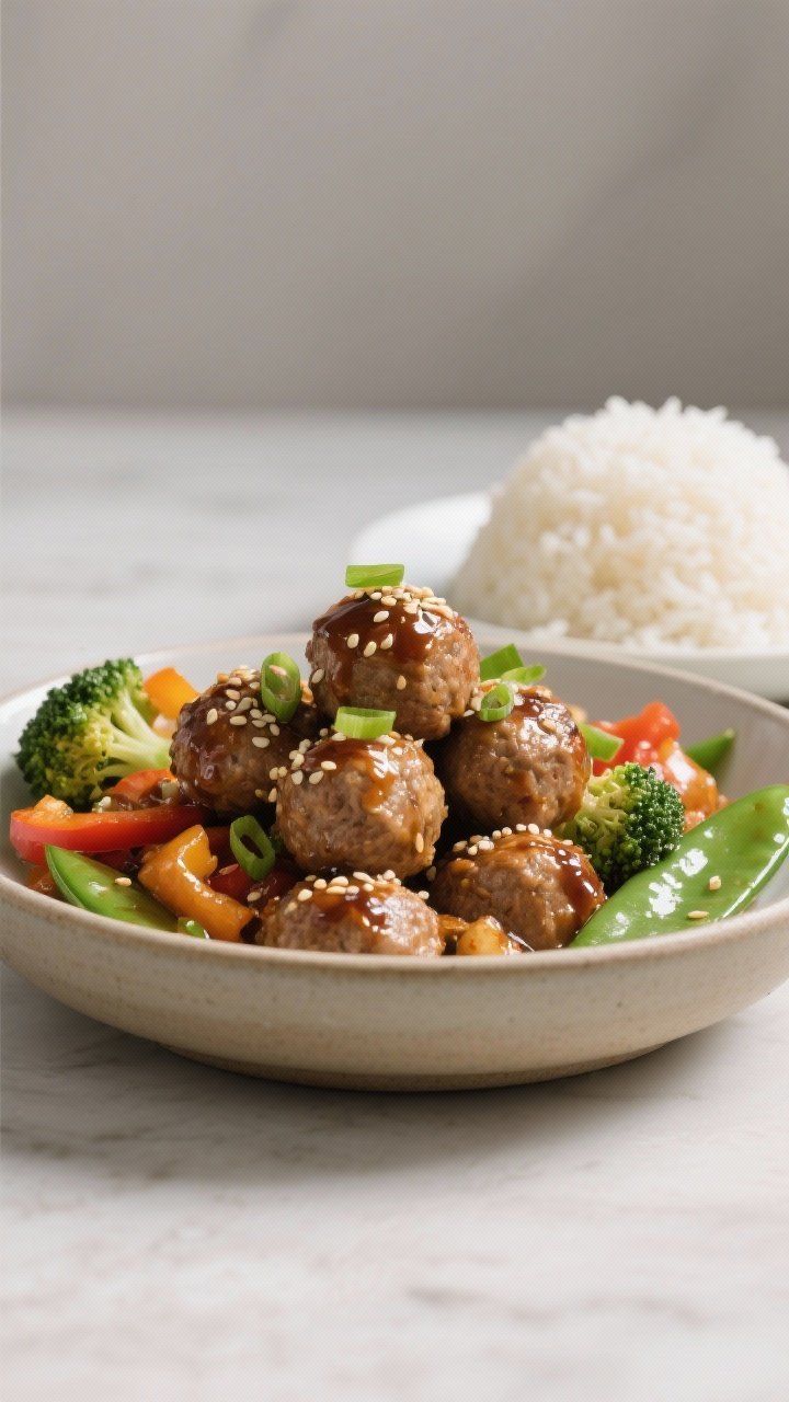 Straight-on plated scene: glossy ginger-garlic turkey meatballs piled in a shallow bowl, sprinkled with sesame seeds and scallions, set beside a sesame-kissed veggie stir-fry (broccoli, bell peppers, snap peas) glistening with a light soy-ginger sheen; jasmine rice mound in the background; neutral backdrop, crisp, modern styling.