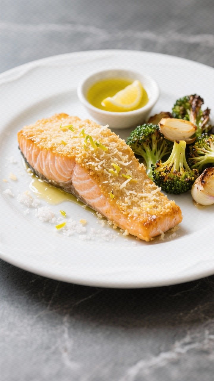 Straight-on plated seafood entrée: golden, Parmesan-crusted salmon fillets (skin-on) with lemon zest and juice sheen, served beside garlicky roasted broccoli florets, edges caramelized; a small dish of olive oil and a lemon half squeezed mid-plate, kosher salt flakes visible; clean white plate on a slate backdrop for a modern, bright look.