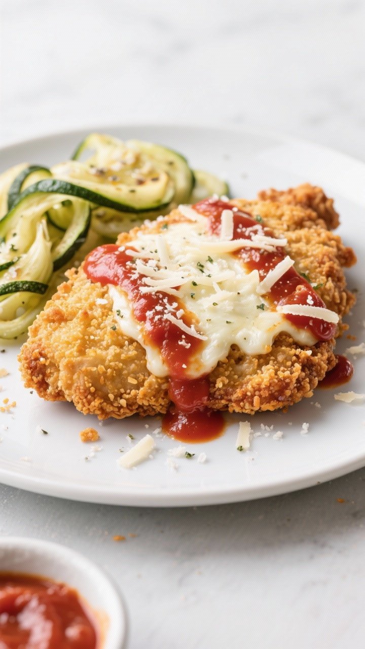 Straight-on plated shot: Crispy air fryer chicken Parmesan—golden panko crust studded with grated Parmesan and Italian seasoning, topped with a bright marinara swipe and melted mozzarella strands; served with glossy zucchini ribbons tossed lightly in olive oil and garlic powder; crumbs on the plate, a small dish of extra sauce in frame; clean, modern backdrop to highlight crisp texture.