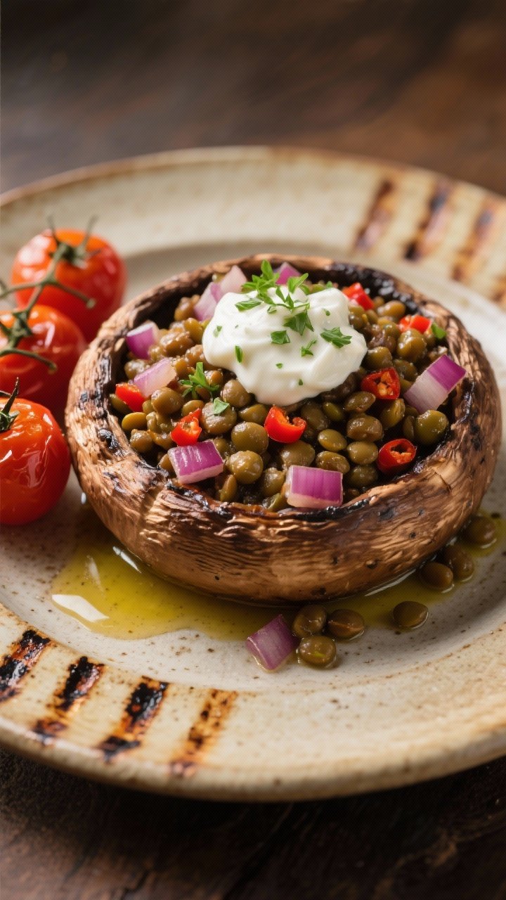 Straight-on plated smoky lentil-stuffed portobellos: large roasted portobello caps brushed with olive oil, filled with a savory mix of brown/green lentils, finely chopped red onion, and red pepper, seasoned smoky; dollops of herbed yogurt on top, flecked with fresh herbs; a few roasted cherry tomatoes on the side; served on a rustic ceramic plate with visible grill marks on mushrooms; earthy tones, soft directional light emphasizing meaty mushroom texture.