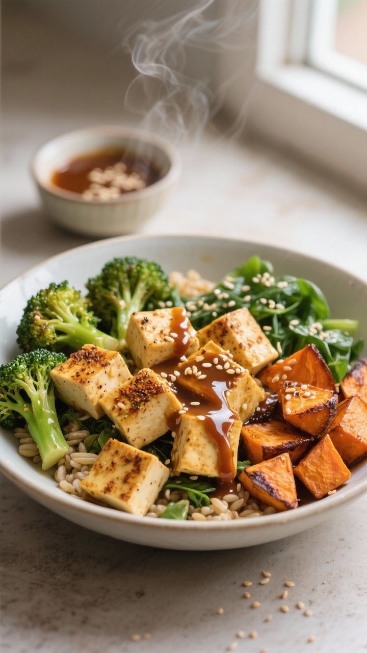 Straight-on plated Smoky Tofu Power Bowl: golden, spice-dusted extra-firm tofu cubes with light char, roasted sweet potato cubes with caramelized edges, and tender broccolini arranged over a base of grains or greens; a glossy maple-miso sauce drizzled generously, with extra sauce in a petite bowl; sesame seeds scattered, warm neutrals and greens, soft window light highlighting steam and glaze.