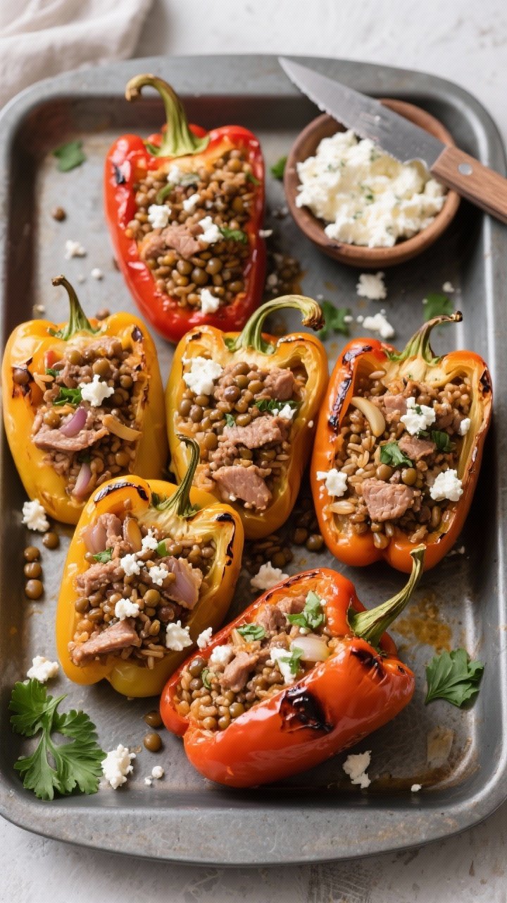 Straight-on platter of spiced turkey and lentil stuffed peppers: six bell peppers standing upright, filled with savory lean ground turkey, brown lentils, and brown rice, flecks of onion and garlic visible; crumbled feta scattered on top, light char on pepper edges; garnished with parsley, served on a matte baking tray with a small bowl of extra feta and a knife, rich, hearty tones and crisp detail.