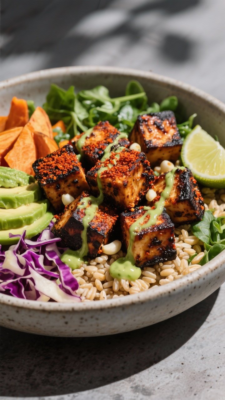 Straight-on power bowl composition: blackened tofu cubes coated in smoked paprika, chili powder, garlic and onion powder, cayenne, and salt, with a charred crust; arranged over a base of hearty grains and greens, topped with an avocado-lime drizzle; colorful sides like roasted sweet potato and cabbage slaw for contrast; matte stoneware bowl, bold shadows, athletic, energizing mood.