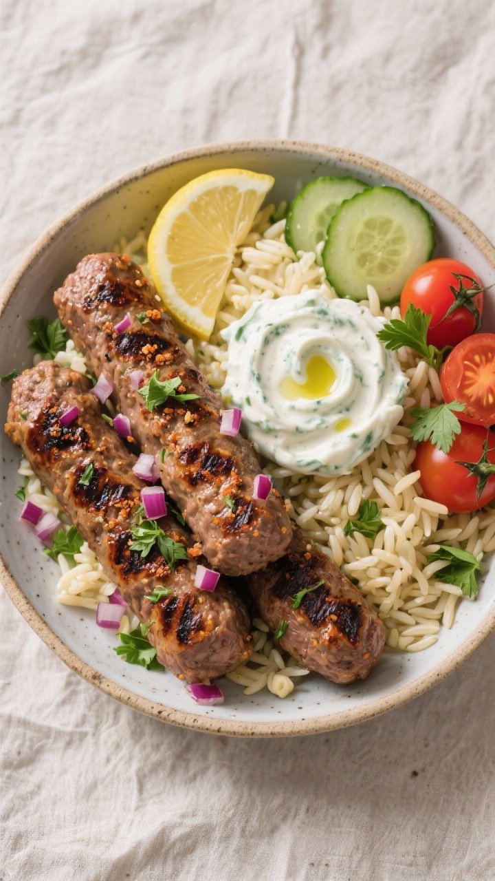 Straight-on, rustic platter for Greek-style beef kofta bowl with orzo and tzatziki: juicy grilled beef kofta logs speckled with minced red onion, parsley, oregano, cumin, and garlic powder, char marks visible; served with lemony orzo, a generous swirl of creamy tzatziki, cherry tomatoes and cucumber slices on the side; sprinkle of parsley and a drizzle of olive oil; cool Mediterranean palette, neutral linen backdrop for a fresh, clean look.