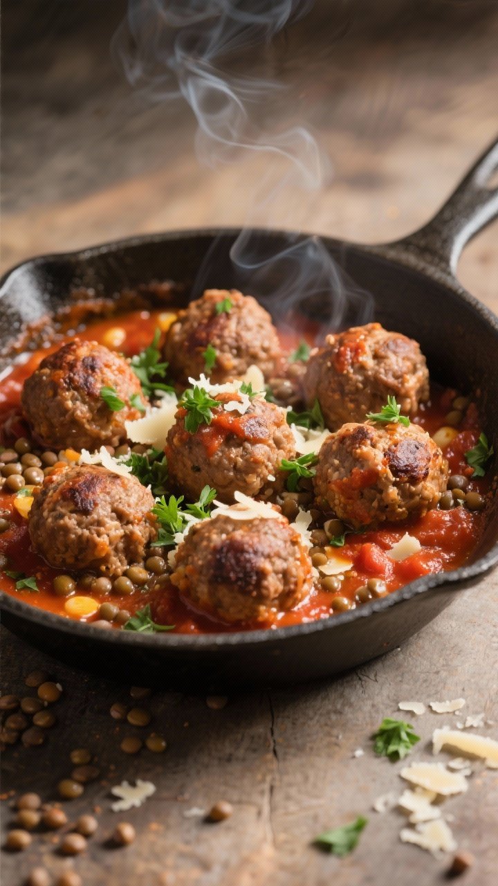 Straight-on rustic scene of Smoky Lentil and Turkey Meatballs With Roasted Tomato Sauce: browned meatballs made from lean ground turkey, cooked brown lentils, egg, finely minced onion, garlic, Parmesan, and smoked paprika; nestled in a chunky roasted tomato sauce in a shallow enamel skillet; sprinkled with fresh parsley and extra Parmesan; crusty edges visible on meatballs, subtle smoke vibe; warm, low-angle side lighting for depth and richness.