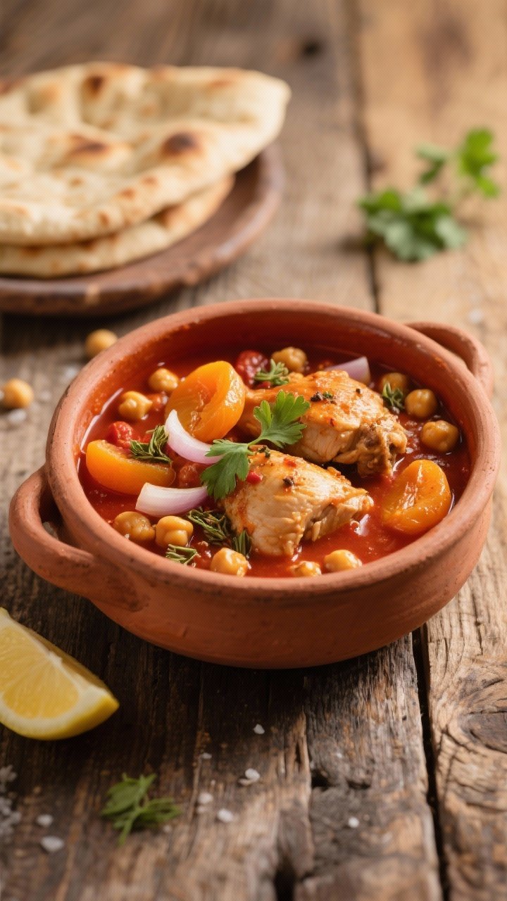 Straight-on, rustic stew pot shot of Moroccan-spiced chickpea and chicken thigh stew with apricots: chunks of boneless skinless chicken thighs simmered with sliced onion, minced garlic, chickpeas, tender dried apricot pieces, cumin, coriander, and kosher salt in a warmly spiced tomato-broth base. Visible orange apricot gems and chickpeas contrast with the deep, brick-red sauce; cilantro leaves and a lemon wedge on the side. Served in a wide earthenware bowl on a worn wood table with flatbread in background; warm, golden lighting.