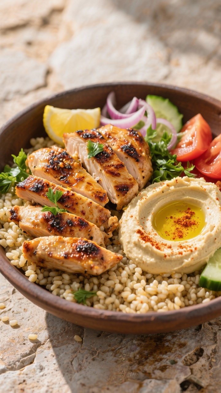 Straight-on shawarma-style plating for Mediterranean chicken bowl with bulgur and hummus: spiced chicken thigh slices marinated in olive oil, lemon juice, cumin, smoked paprika, coriander, turmeric, and garlic, charred edges glistening; served with fluffy bulgur, a swoosh of creamy hummus, cucumbers, tomatoes, pickled onions, and a sprinkle of parsley; drizzle of olive oil and paprika dust over hummus; warm, sunlit Mediterranean mood on a textured stone backdrop.