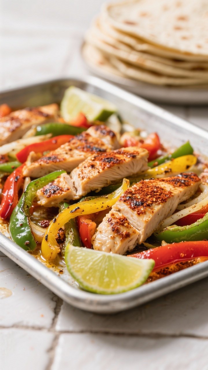 Straight-on sheet-pan chili-lime chicken fajita bake: thin strips of chicken breast tossed with olive oil, chili powder, lime wedges, and a tri-color mix of green and red bell peppers plus thin yellow onion; edges charred, vibrant colors popping; warm tortillas stacked in background blur, simple metal sheet pan on a tile countertop.