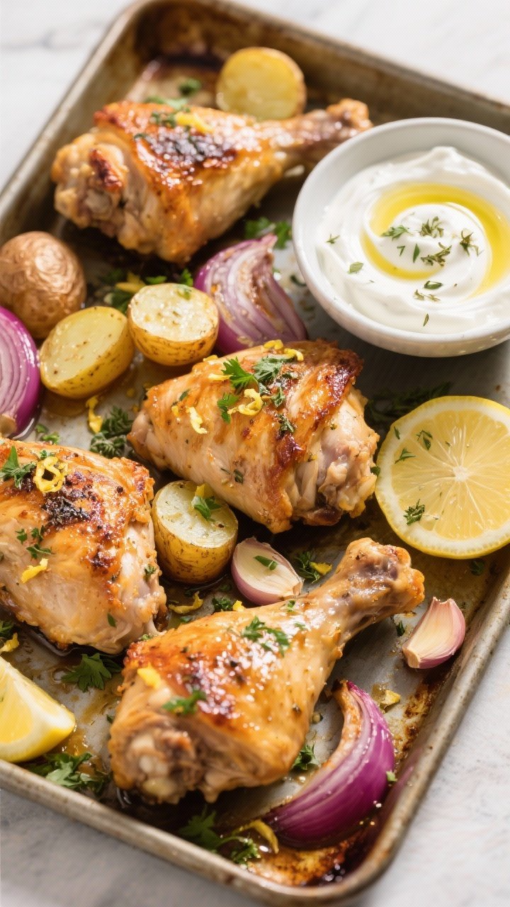 Straight-on sheet pan Greek chicken dinner: bone-in, skin-on chicken thighs roasted until golden with baby lemon potatoes and red onion wedges, all glistening with olive oil, lemon zest and juice, minced garlic, and dried oregano; a side bowl of garlicky yogurt sauce with a swirl of olive oil and a sprinkle of oregano; caramelized edges visible, sprinkled with fresh parsley, sunlit Mediterranean vibe, crisp and inviting.