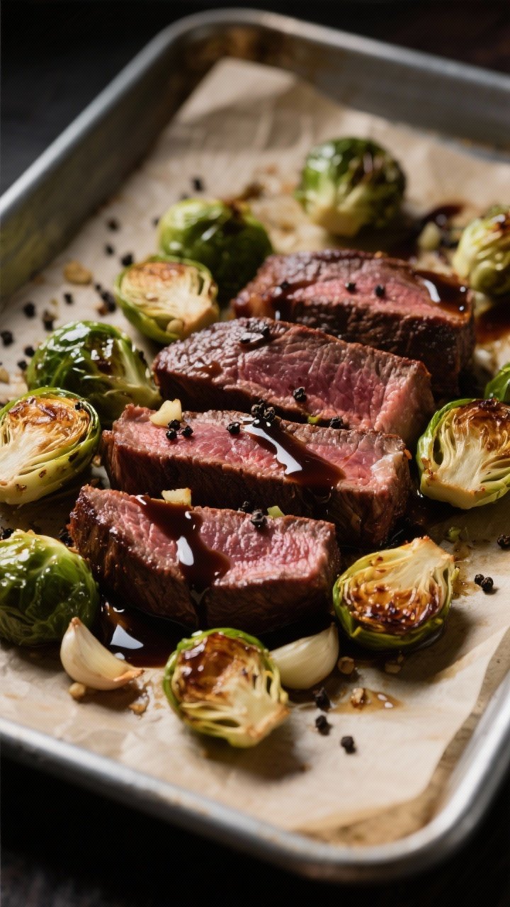 Straight-on sheet-pan meal: thin slices of balsamic-marinated sirloin with a deep mahogany sheen, nestled among halved Brussels sprouts with caramelized edges; minced garlic pieces visible, a drizzle of balsamic beading on the surface; coarse black pepper scattered; set on parchment over a metal tray, moody directional light to accentuate roast textures.