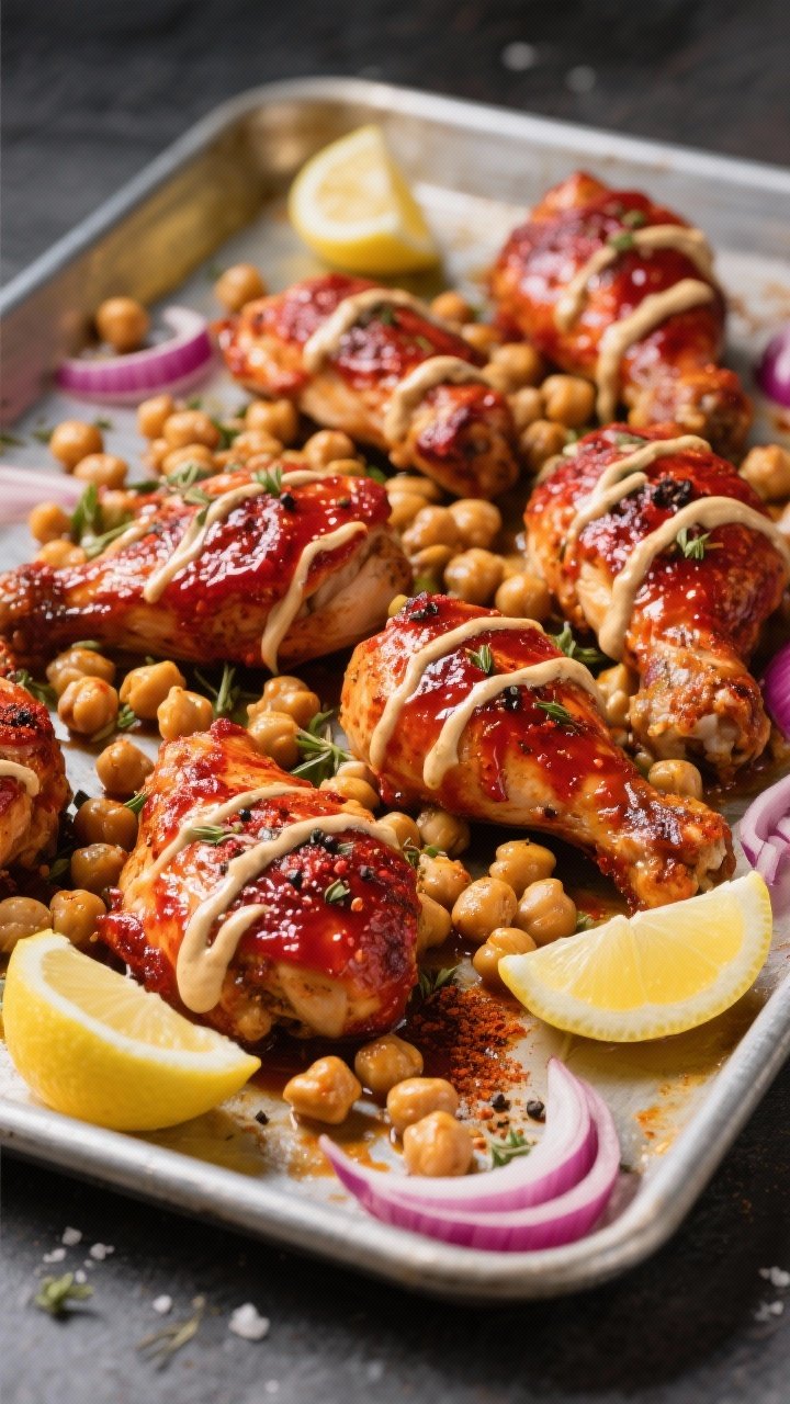 Straight-on sheet-pan presentation: Harissa chicken with chickpeas—breasts/thighs coated in a deep red harissa-olive oil-honey glaze, scattered with roasted chickpeas, sliced red onion petals softened at the edges; sprinkle of ground coriander, kosher salt, and black pepper visible; finished with a zigzag lemon-tahini drizzle and lemon wedges; bold, spicy Middle Eastern mood.