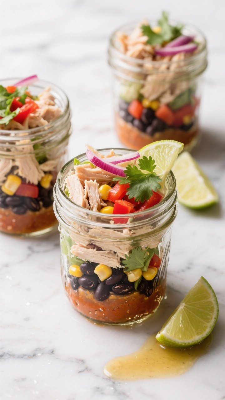 Straight-on shot of layered chili-lime chicken protein salad jars: chopped or shredded chicken, black beans, corn kernels, diced red bell pepper, thin slivers of red onion, cilantro and lime wedges nearby; chili-lime vinaigrette pooling at the bottom for a visible gradient; tight composition with three mason jars on a marble surface, condensation hinting freshness, vibrant Southwestern color palette.