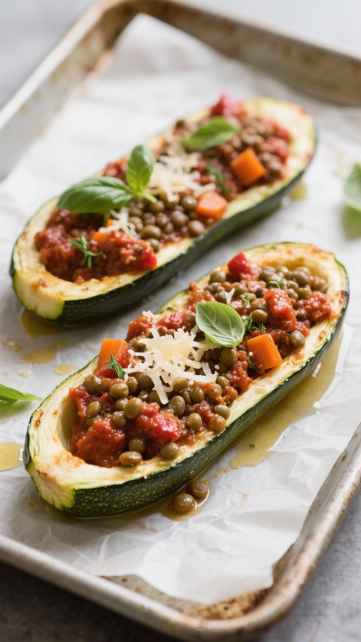 Straight-on shot of lentil bolognese zucchini boats: halved zucchini hollowed and roasted, filled with a hearty lentil-tomato sauce made with finely chopped onion, diced carrots, minced garlic, dried Italian herbs, and a pinch of red pepper flakes; sauce thick and rustic with visible lentils, lightly broiled cheese sprinkle or fresh basil on top for contrast; arranged on a parchment-lined sheet pan with olive oil drips, cozy comfort-food mood.