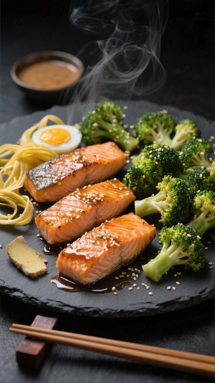 Straight-on shot of miso-ginger salmon with sesame broccoli and egg ribbons: four seared salmon fillets brushed with a glossy glaze of white miso, soy/tamari, rice vinegar, honey, and freshly grated ginger; alongside vibrant broccoli florets tossed with sesame seeds, and soft golden egg ribbons folded on the plate; subtle steam, lacquered finish on fish, dark slate plate for contrast, chopsticks and a small dish of extra miso glaze in frame, moody yet crisp lighting.