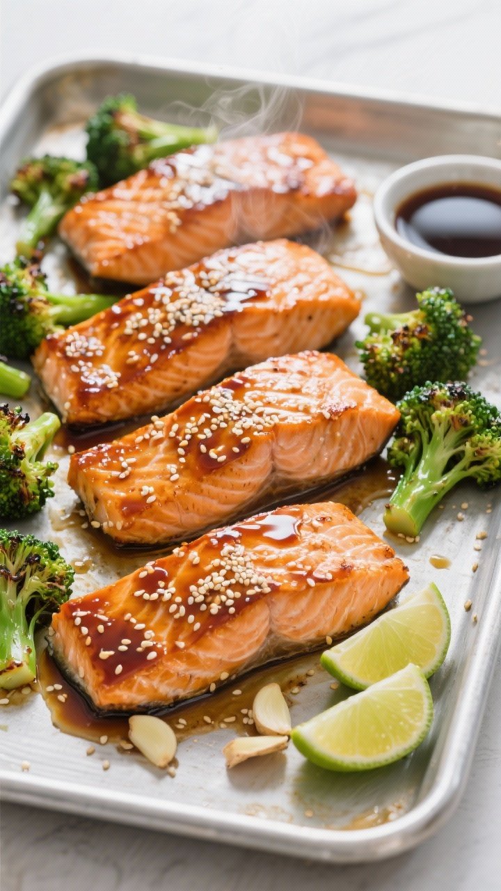 Straight-on shot of sticky ginger-soy salmon with sesame broccoli on a rimmed baking sheet: four skin-on salmon fillets lacquered with a glossy soy-tamari, honey, rice vinegar, fresh ginger, and garlic glaze; edges caramelized. Broccoli florets tossed with sesame, lightly charred and speckled with toasted sesame seeds. Lime wedges and a small bowl of extra glaze on the side. Clean, modern styling with subtle steam and a neutral backdrop to highlight the rich amber glaze and emerald greens.