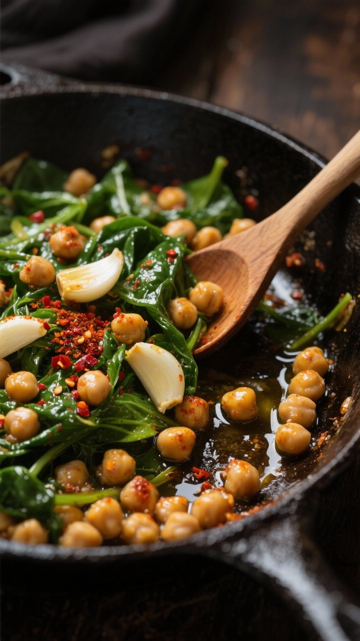 Straight-on skillet action shot of garlicky chickpea spinach sauté: cast-iron skillet with olive oil shimmering, thinly sliced garlic just turning golden, red pepper flakes blooming, then chickpeas tossed with smoked paprika and ground cumin; handfuls of spinach wilting into the mix, a wooden spoon resting on the skillet edge; warm moody lighting, visible spices clinging to chickpeas, rustic weeknight comfort vibe.