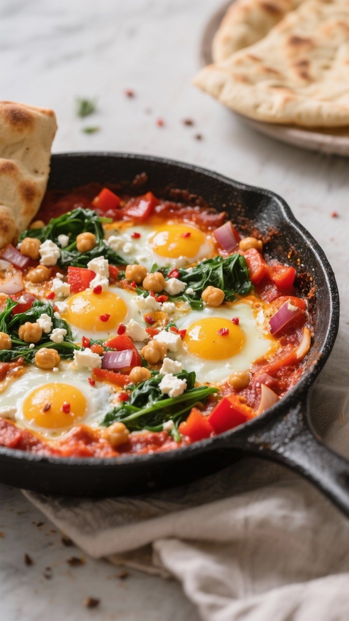 Straight-on skillet bake: Spiced chickpea egg shakshuka with feta and greens in a black enamel pan. Saucy base of sautéed diced onion, red bell pepper, minced garlic, ground cumin, smoked paprika, ground coriander, and a touch of crushed red pepper, folded with wilted greens and chickpeas. Eggs nestled with just-set whites and runny yolks, crumbled feta on top, edges bubbling. Serve with warm flatbread on the side, vibrant reds and greens, cozy morning light.