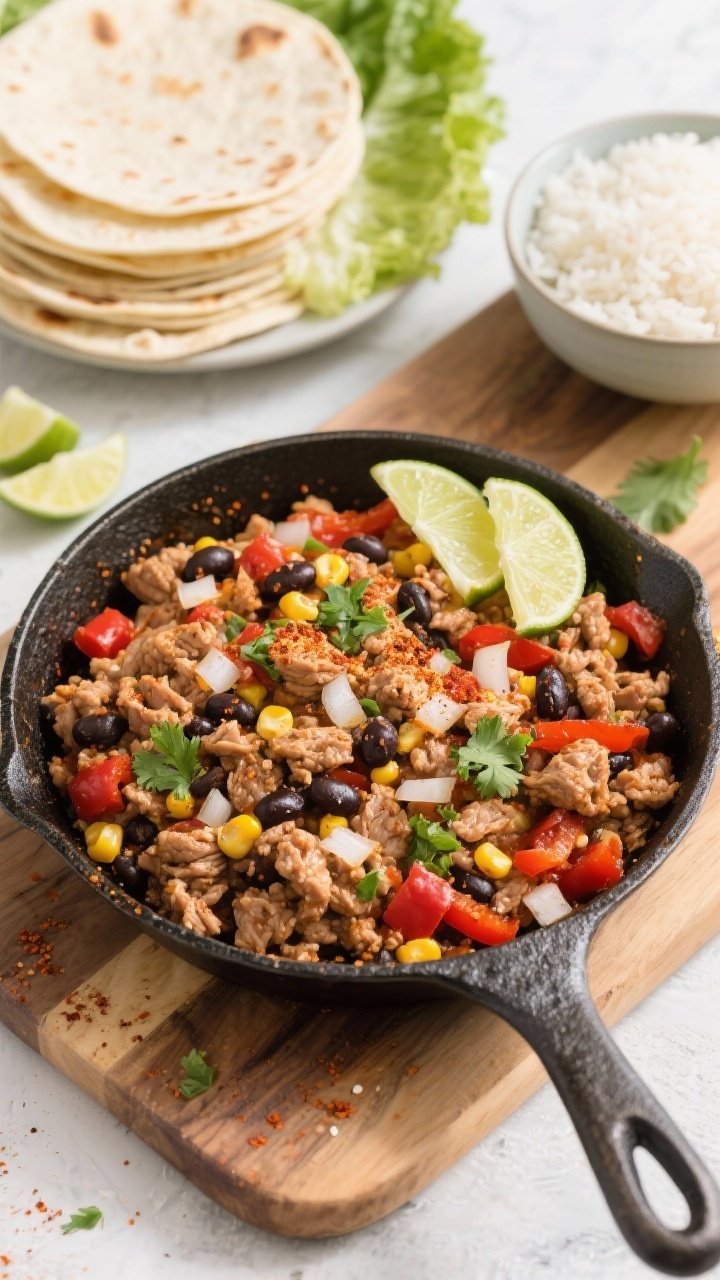 Straight-on skillet presentation of zesty turkey taco mix: browned lean ground turkey with diced onion and minced garlic, red bell pepper, black beans, and corn kernels, all coated in taco spices; garnished with lime wedges and chopped cilantro; tortillas stacked on the side, a bowl of rice, and crisp lettuce to hint at four serving ways; cast-iron skillet on a wooden board, bright, punchy colors and a slight sheen.