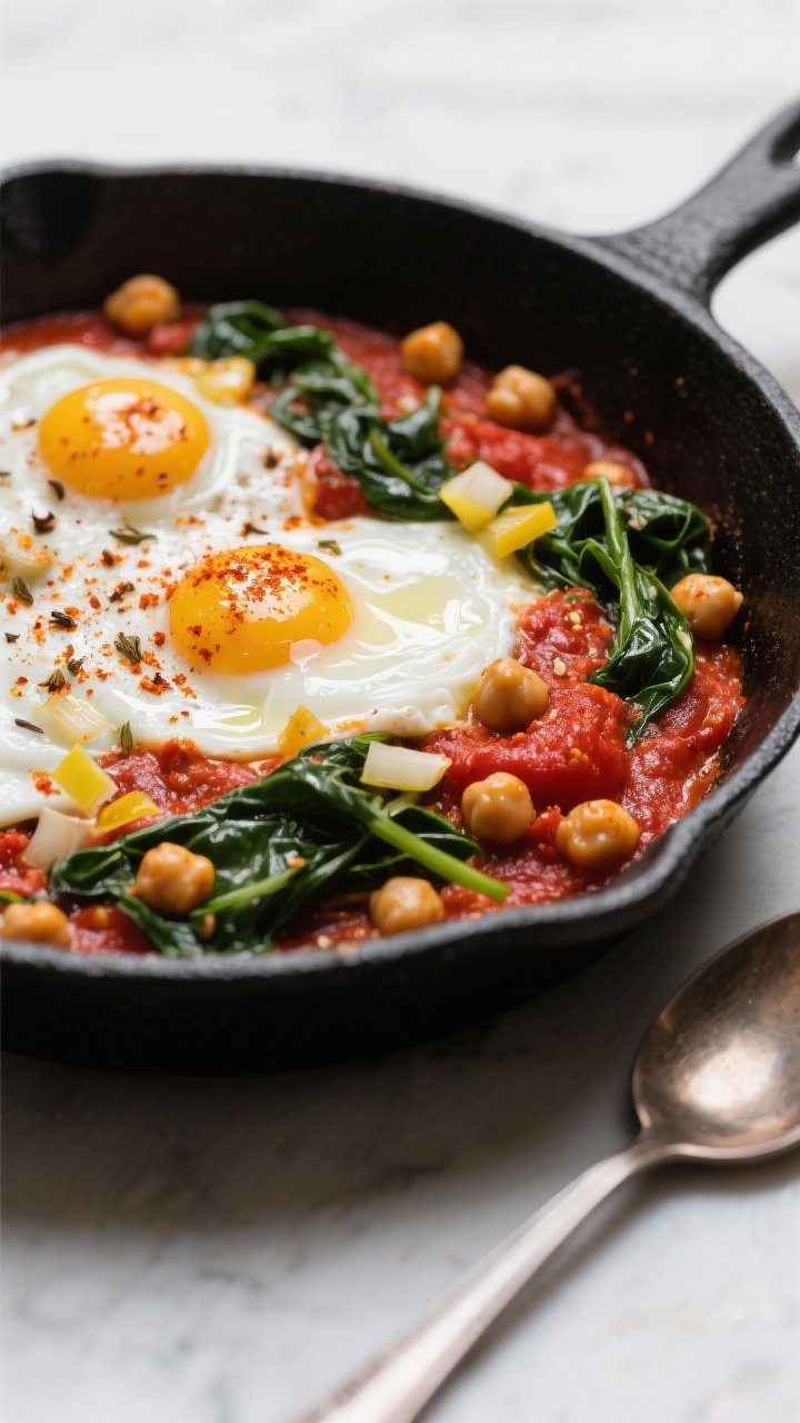 Straight-on skillet scene of harissa chickpea and spinach with egg whites: vibrant red crushed tomato and harissa base studded with tender chickpeas, wilted spinach ribbons, silky egg whites set into gentle swirls; olive oil shimmer, cumin and smoked paprika dusting, diced yellow onion and minced garlic visible; served in a matte black skillet with a spoon resting beside; cozy, spicy comfort mood.