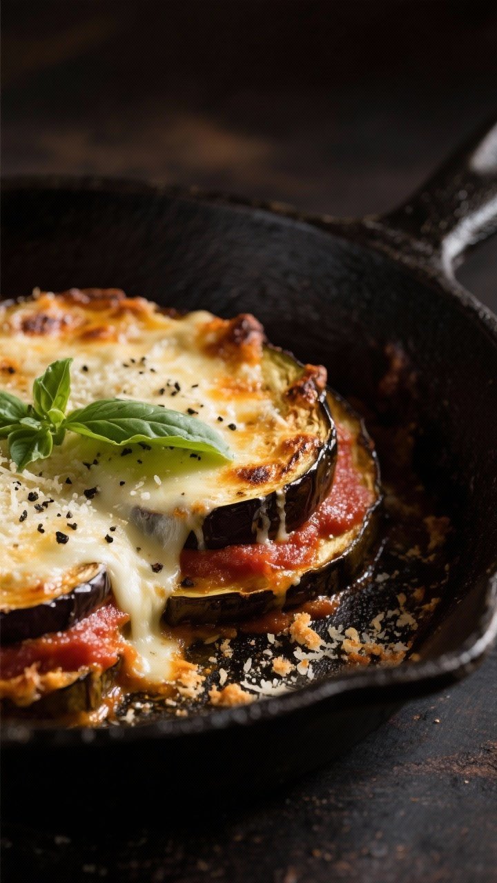 Straight-on skillet shot of Baked Eggplant Parmesan: thick eggplant rounds (1/2-inch) roasted, layered in small cast-iron skillets with marinara sauce, melted mozzarella stretch, and grated Parmesan on top; edges lightly charred, black pepper flecks visible; garnished with fresh basil; breadcrumbs scattered on surface; moody Italian trattoria lighting, crisp focus on bubbling cheese.