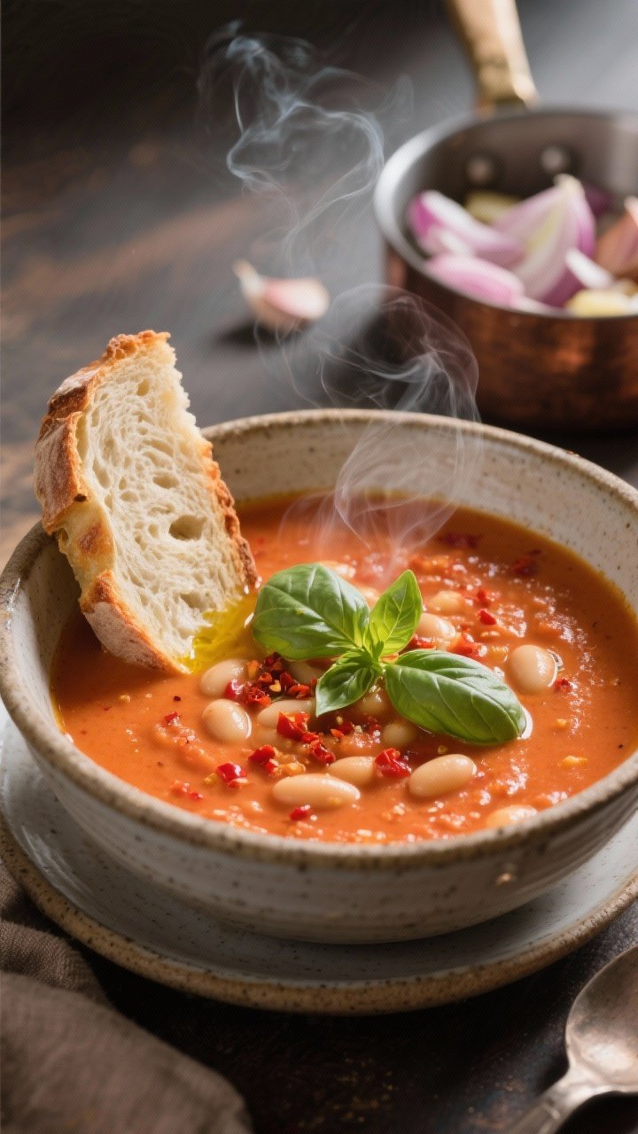 Straight-on steaming bowl of creamy tomato-basil protein soup: velvety tomato base made from crushed tomatoes blended with cannellini beans for creaminess, flecks of red pepper flakes; ribbons of fresh basil on top and a drizzle of olive oil; served in a deep stoneware bowl with a slice of crusty bread leaning on the rim; a small saucepan with sautéed onion and garlic in the background hinting at the process; warm, cozy mood.