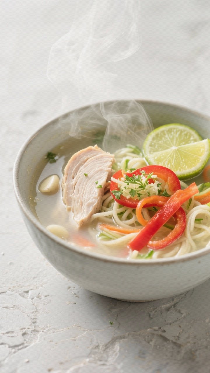 Straight-on steaming soup bowl: coconut-lime chicken soup with veggie noodles—thinly sliced chicken breast in a pale, creamy coconut broth scented with garlic, grated ginger, and lime; red bell pepper strips and spiralized vegetable noodles visible; garnished with fresh lime wedges and herbs; gentle rising steam, glossy surface highlights, minimal props on a light stone surface for a clean, nourishing look.