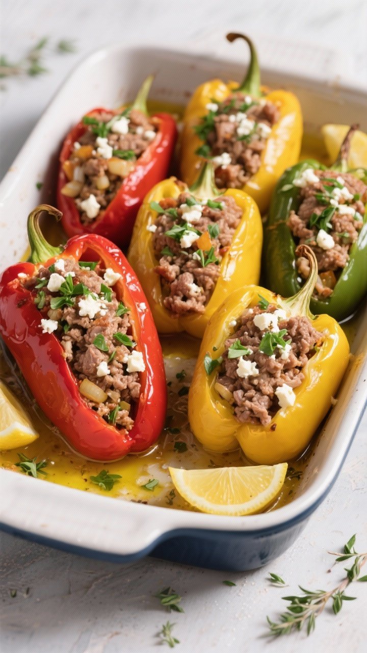Straight-on stuffed pepper lineup: Greek-inspired bell peppers (red, yellow, green) stuffed with a savory turkey mixture (lean ground turkey, onion, garlic, dried oregano, a whisper of cinnamon), topped with crumbled feta and chopped fresh herbs; peppers standing in a baking dish with juices bubbling, a drizzle of olive oil; lemon wedges and extra oregano scattered for Mediterranean flair.