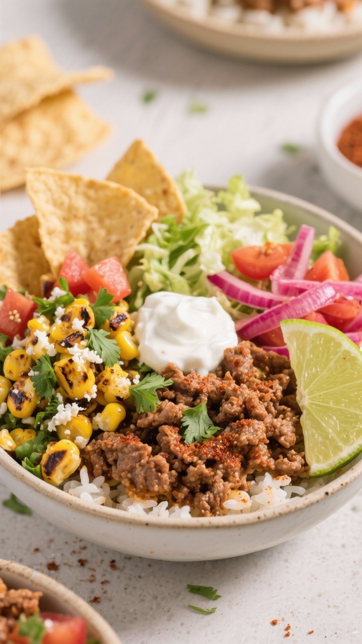 Straight-on taco-bowl composition for a Smoky Turkey Taco Bowl with Street Corn Salsa: spiced ground turkey with a smoky chili rub over cilantro-lime rice, topped with street corn salsa (charred corn, cotija, cilantro), diced tomatoes, shredded romaine, pickled red onions, and a dollop of Greek yogurt or light sour cream. Lime wedge and crunchy tortilla strips for texture. Warm, Southwest color palette, shallow depth of field.