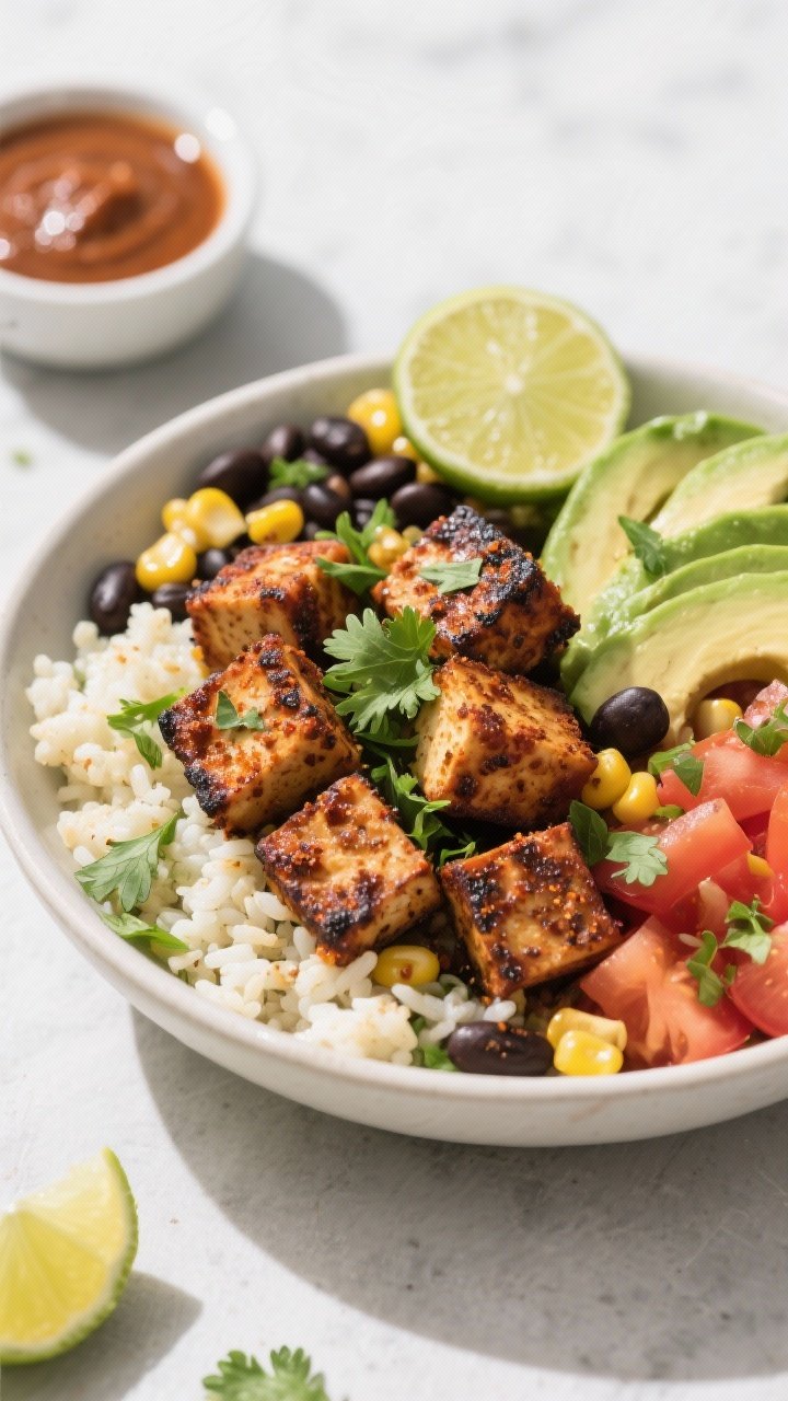 Straight-on, vibrant burrito bowl featuring chipotle blackened tofu cubes (pressed, cornstarch-crisped) with a smoky chipotle, smoked paprika, cumin, and garlic powder crust; served over cilantro-lime cauliflower rice, with black beans, corn, diced tomatoes, avocado slices, and a lime wedge; sprinkled with fresh cilantro; a small bowl of chipotle crema or salsa on the side; crisp daylight for a clean, plant-forward look.