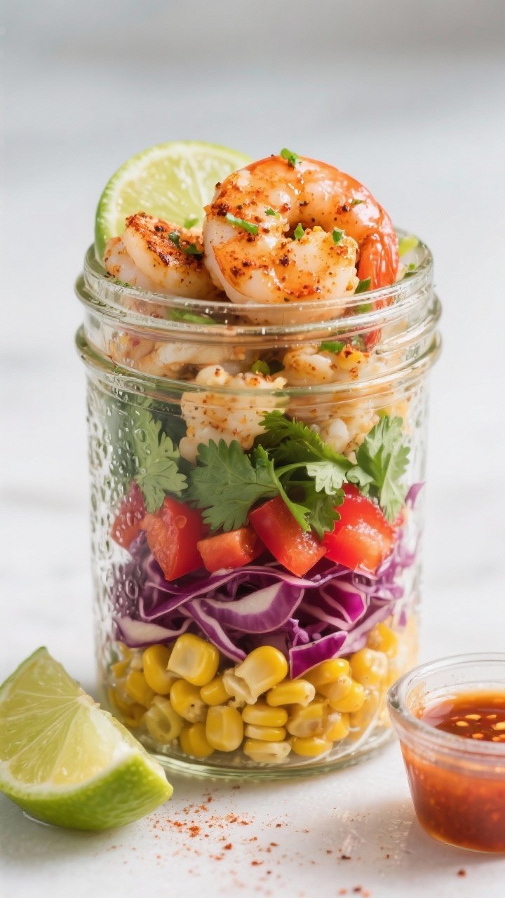 Straight-on view of Chili-Lime Shrimp and Corn Salad layered in mason jars: chili powder, cumin, cayenne-dusted shrimp seared and glossy with lime zest; layers of roasted corn kernels, shredded red cabbage, diced red bell pepper, and chopped cilantro; lime wedges and a tiny container of tangy lime-chili dressing nearby; condensation on the glass for freshness; vibrant summer tones, clean background, emphasis on the jar layering and zesty details.