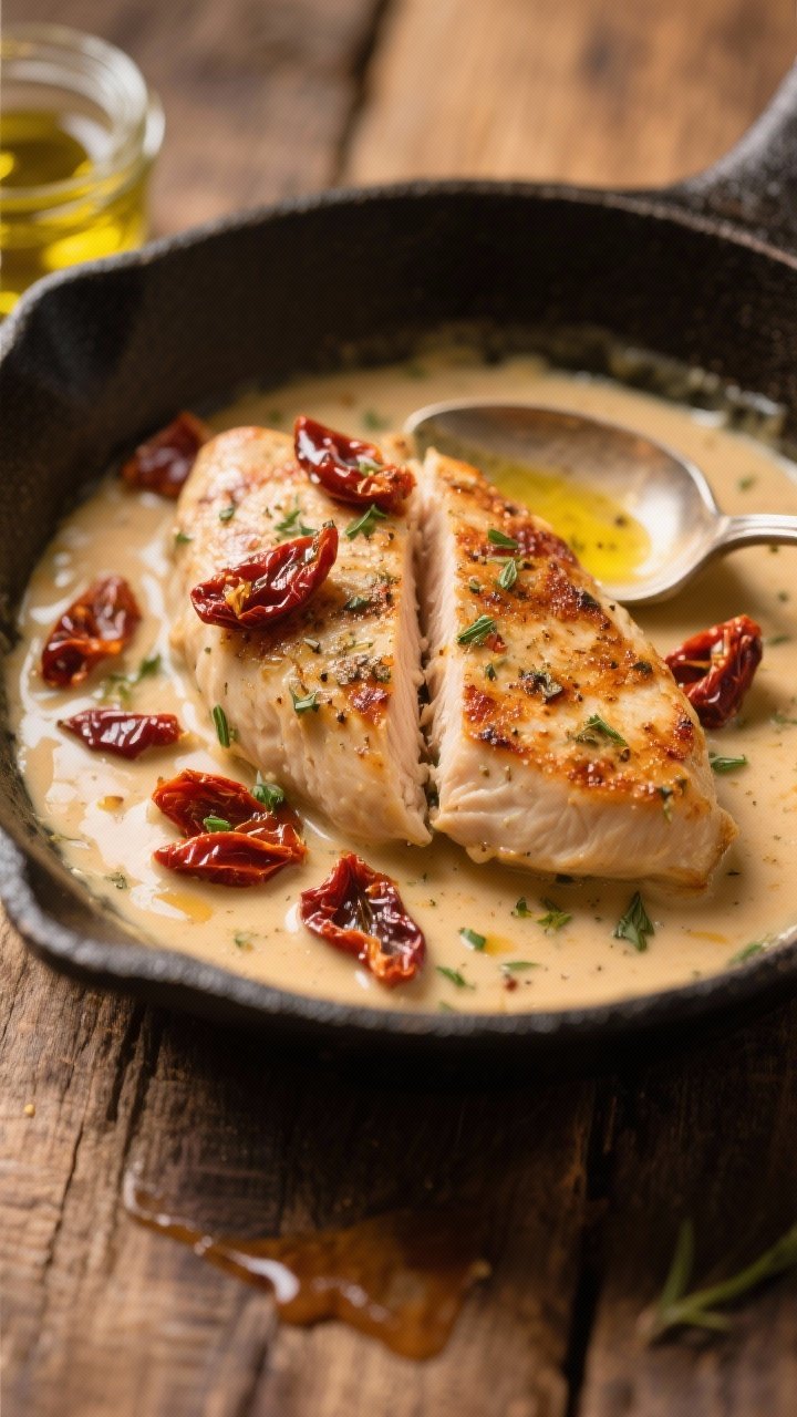 Tight close-up in a shallow skillet: creamy-looking sun-dried tomato chicken without cream—seared halved chicken breasts seasoned with Italian seasoning, salt, and pepper; chopped sun-dried tomatoes and a touch of oil from the jar creating a silky emulsion with olive oil; sauce clinging to the chicken, specks of herbs visible; warm, golden light, rustic wood beneath, spoon trail in sauce for texture.