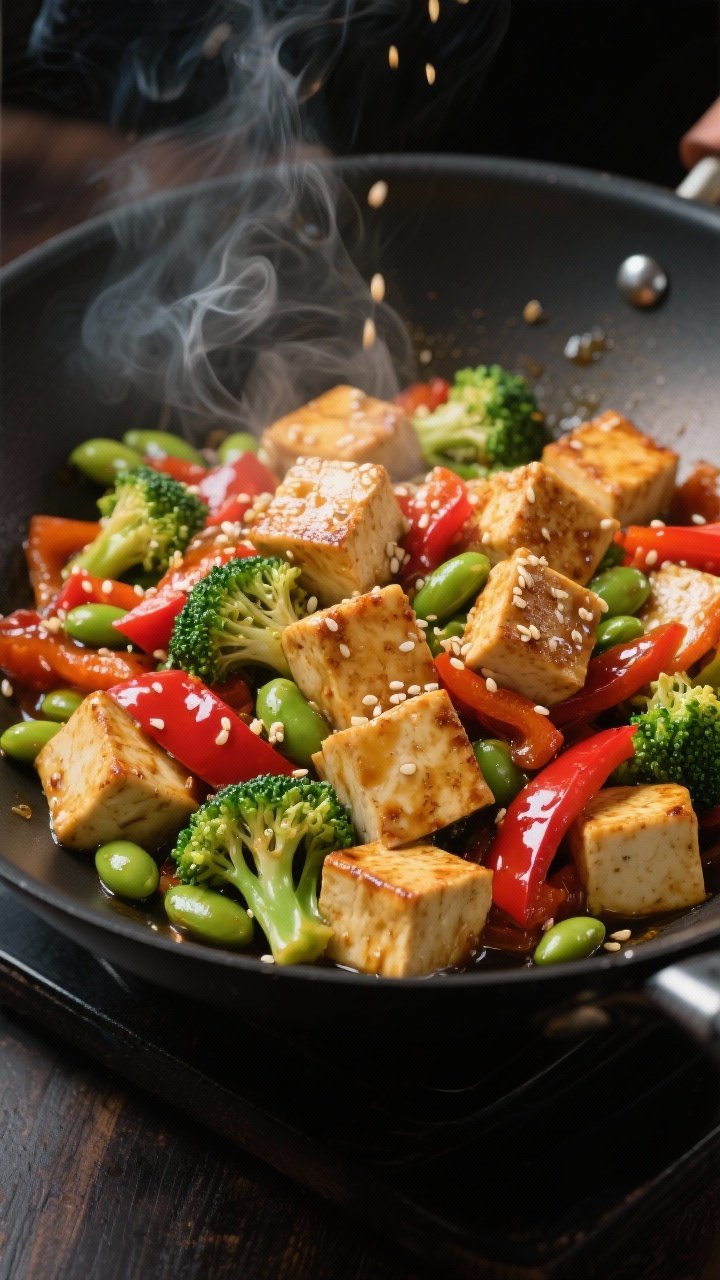 Wok action, 45-degree process shot: Miso-ginger tofu stir-fry—extra-firm tofu cubes lightly coated in cornstarch, seared in sesame and neutral oil to a crisp golden exterior. Broccoli florets and red bell pepper slices tossed through, edamame peeking. Glossy miso-ginger glaze clinging to tofu, scattered sesame seeds. Steam rising from a dark wok, vibrant greens and reds popping.