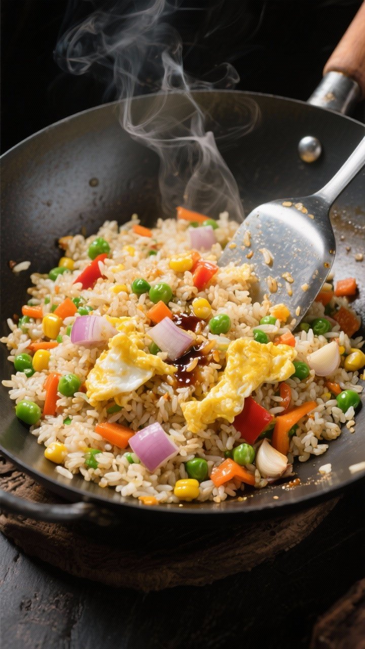 Wok-in-action overhead shot: veggie-packed fried rice made with day-old rice tossed in neutral oil, scrambled egg ribbons, diced onion, peas, carrots, corn, and bell pepper, with visible garlic and soy sauce sheen; a metal spatula resting in the wok, wisps of steam rising; vibrant colors against a dark wok for takeout-beating appeal.