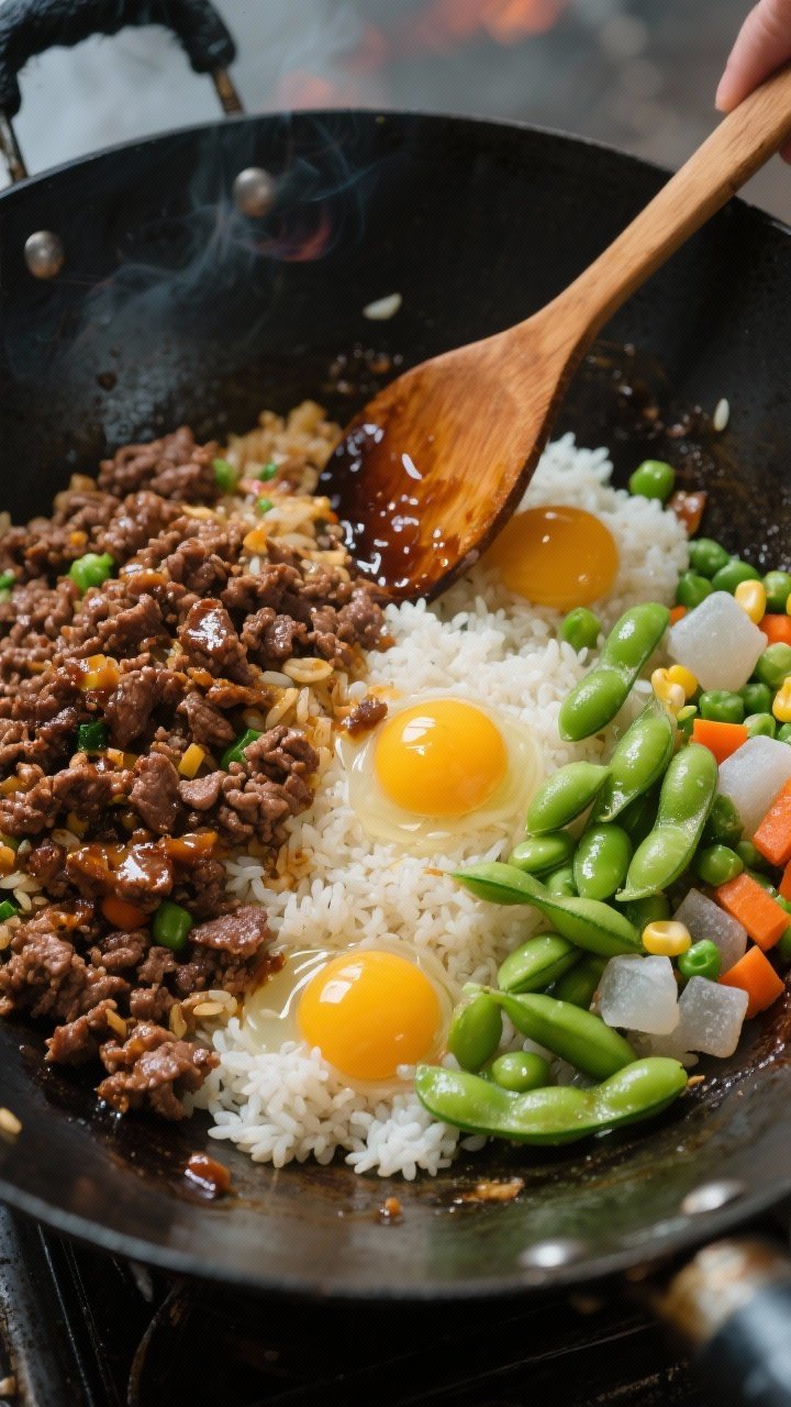 Wok-side overhead ingredient-to-pan moment for teriyaki beef and edamame fried rice: lean ground beef browned and crumbled on one side, day-old cold rice on the other, bright green shelled edamame and frozen mixed vegetables (carrot/pea/corn) scattered; three lightly beaten eggs forming soft curds, glossy teriyaki sheen beginning to coat the grains, a wooden spatula mid-stir, high-heat street-food energy.
