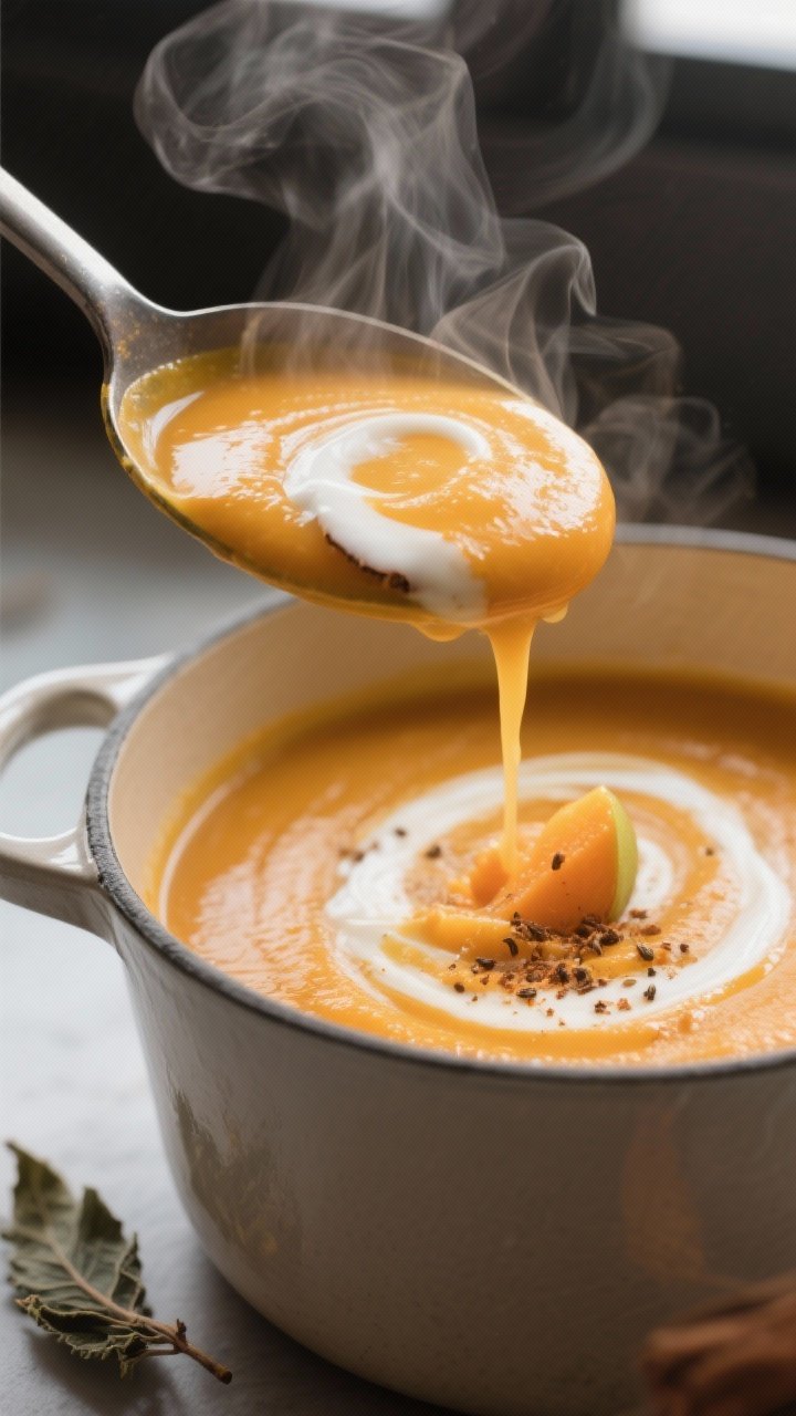 Close-up detail: A ladle lifting silky butternut squash and apple soup from a Dutch oven, steam visi