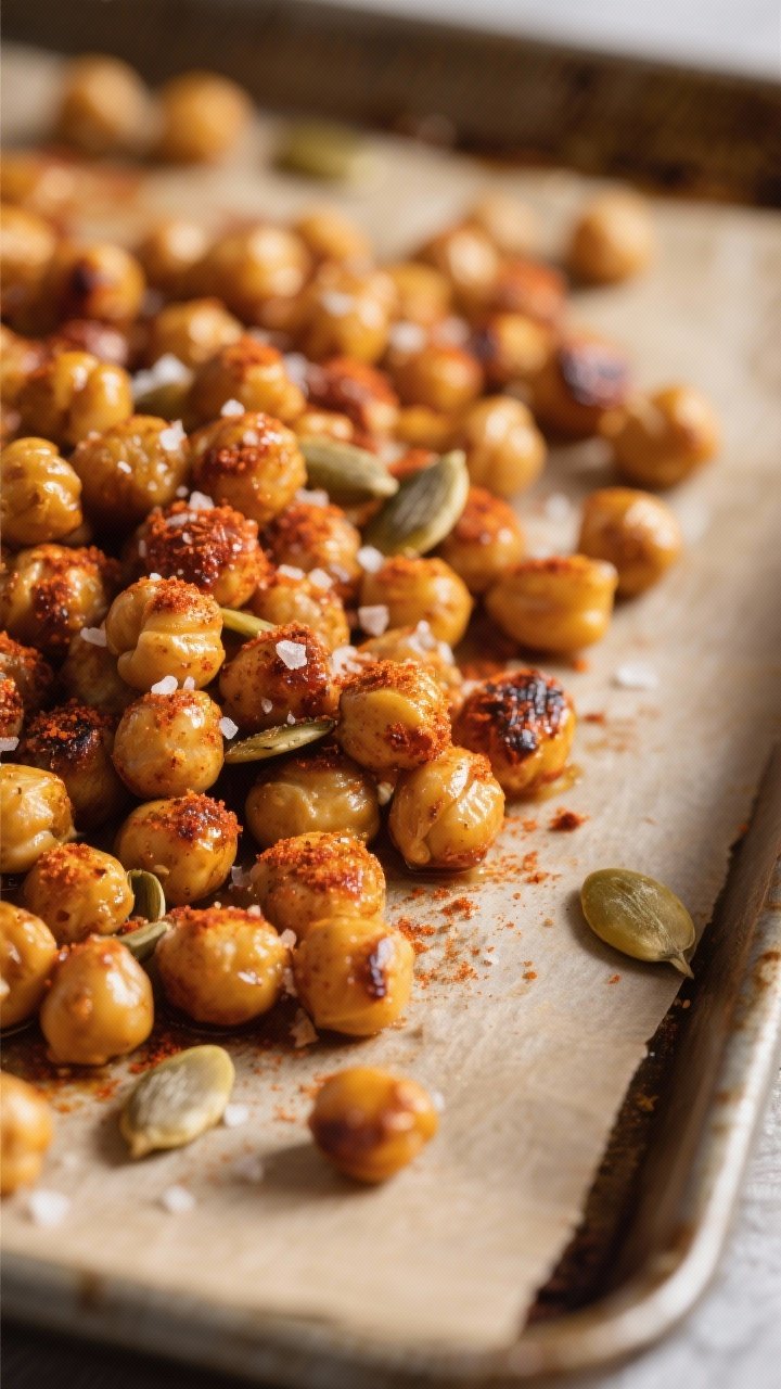 Close-up detail: A tight macro of cumin- and smoked paprika–roasted chickpeas just out of the oven