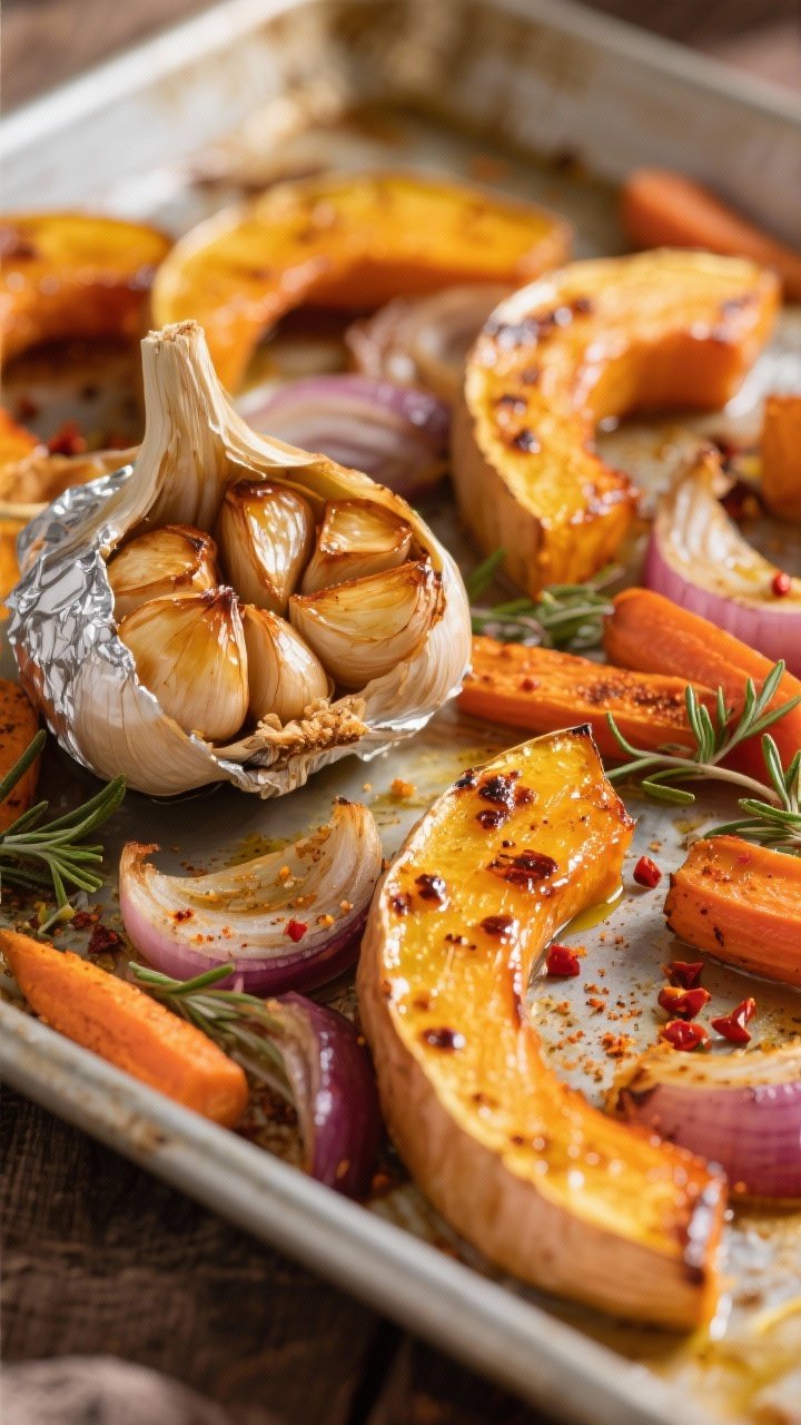 Close-up detail: Caramelized roasted butternut squash, onions, and carrots just out of the oven at 4