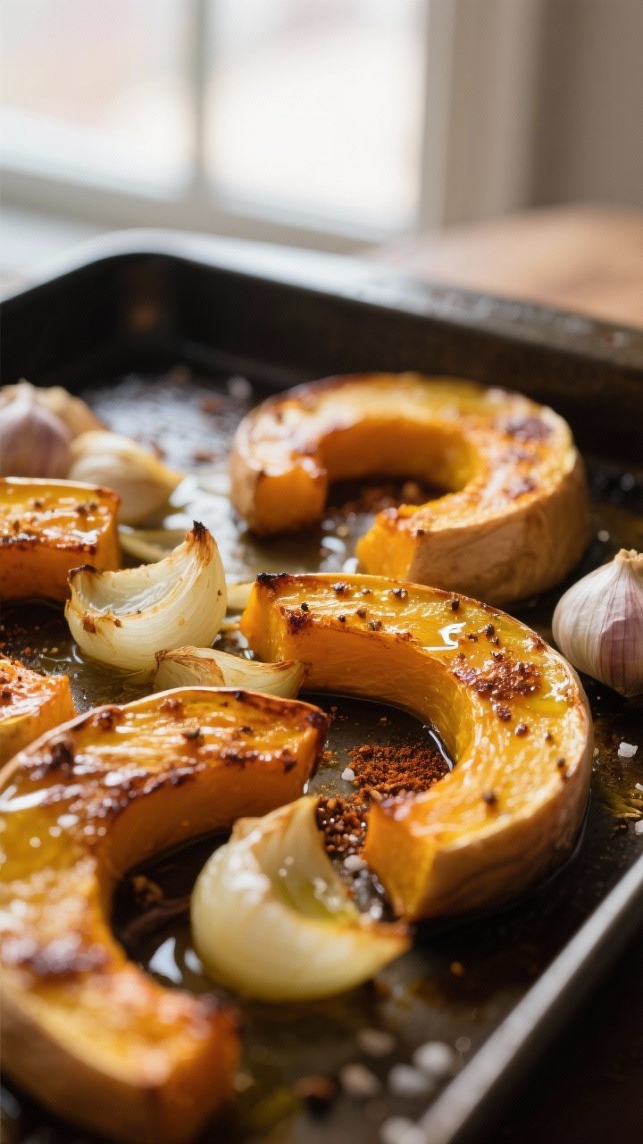 Close-up detail: Golden-roasted butternut squash, onions, and garlic just out of the oven with caram