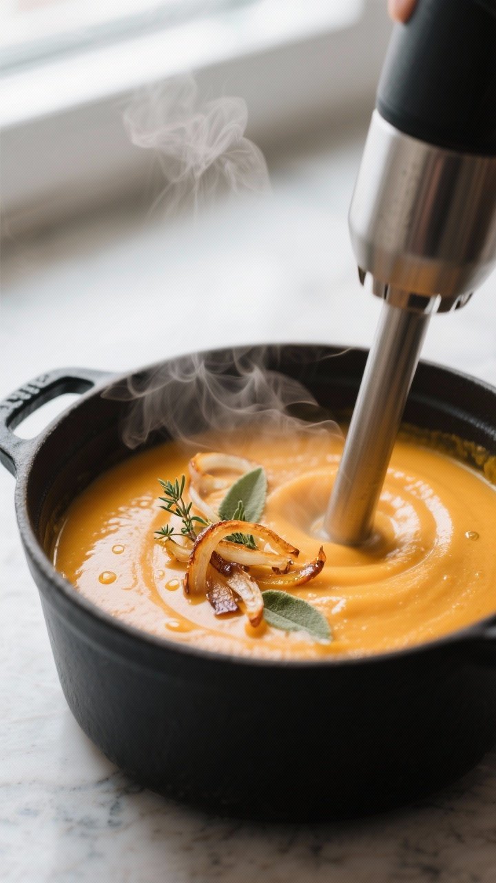 Close-up detail: Silky butternut squash soup being blended smooth in a pot with an immersion blender