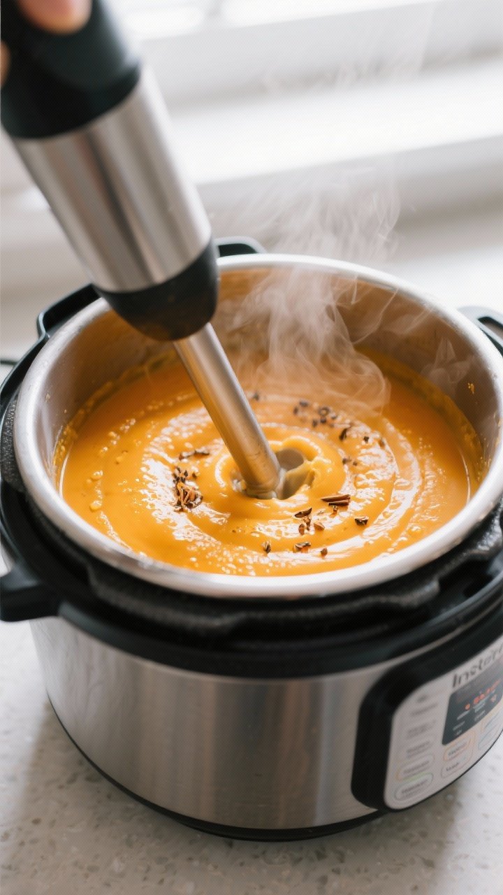 Close-up detail: Silky butternut squash soup being blended directly in an Instant Pot with an immers