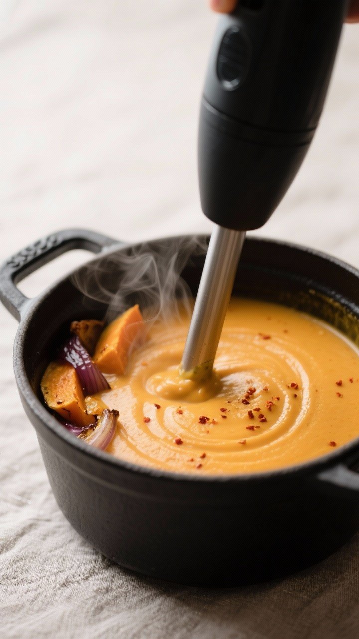 Close-up detail: Silky butternut squash soup being blended directly in a pot with an immersion blend