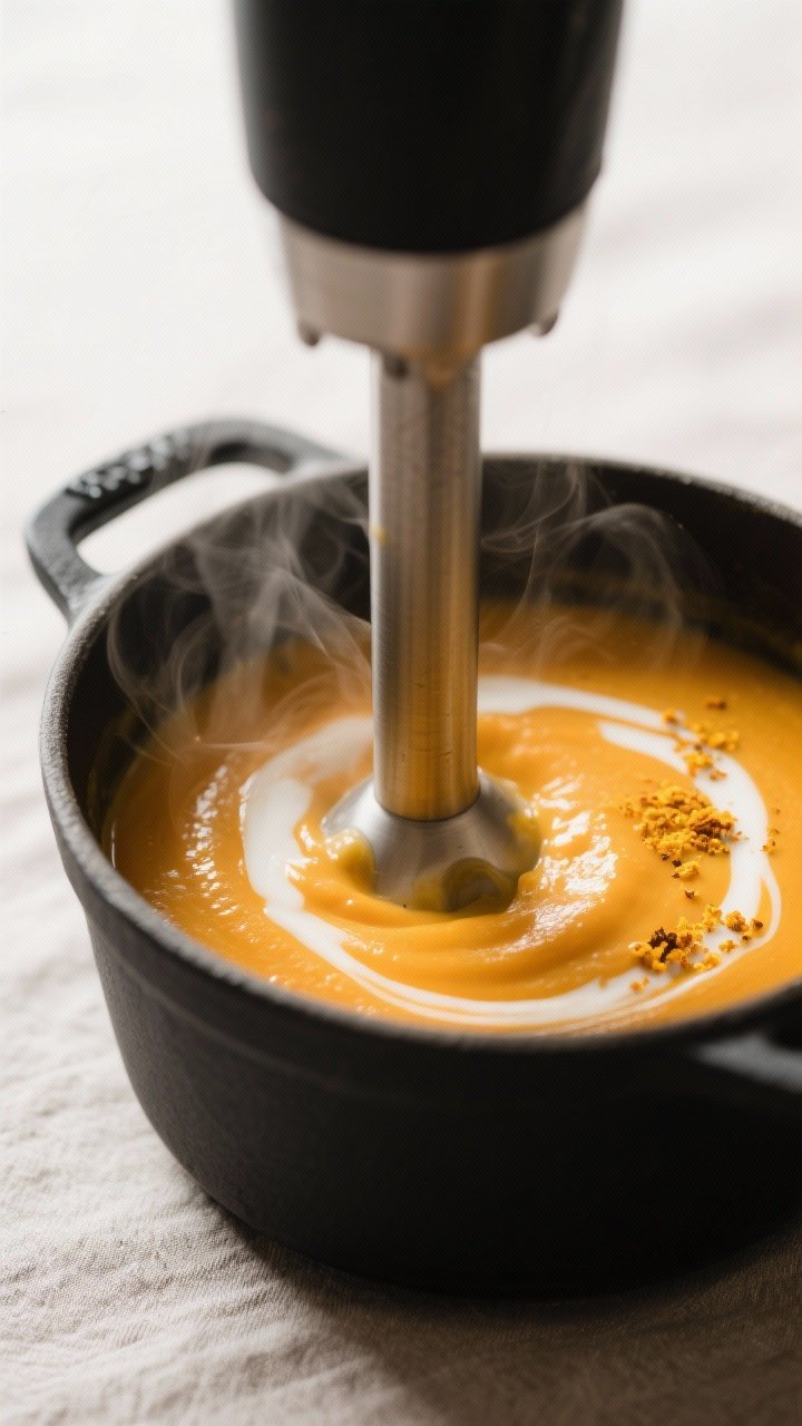 Close-up detail: Silky butternut squash soup being blended to velvet in a pot with an immersion blen