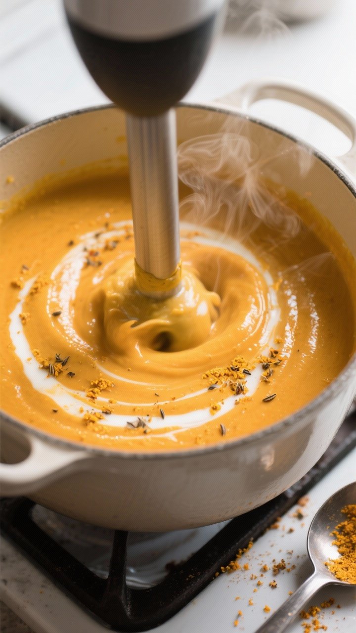 Close-up detail: Silky butternut squash soup mid-blend in a Dutch oven after simmering, immersion bl