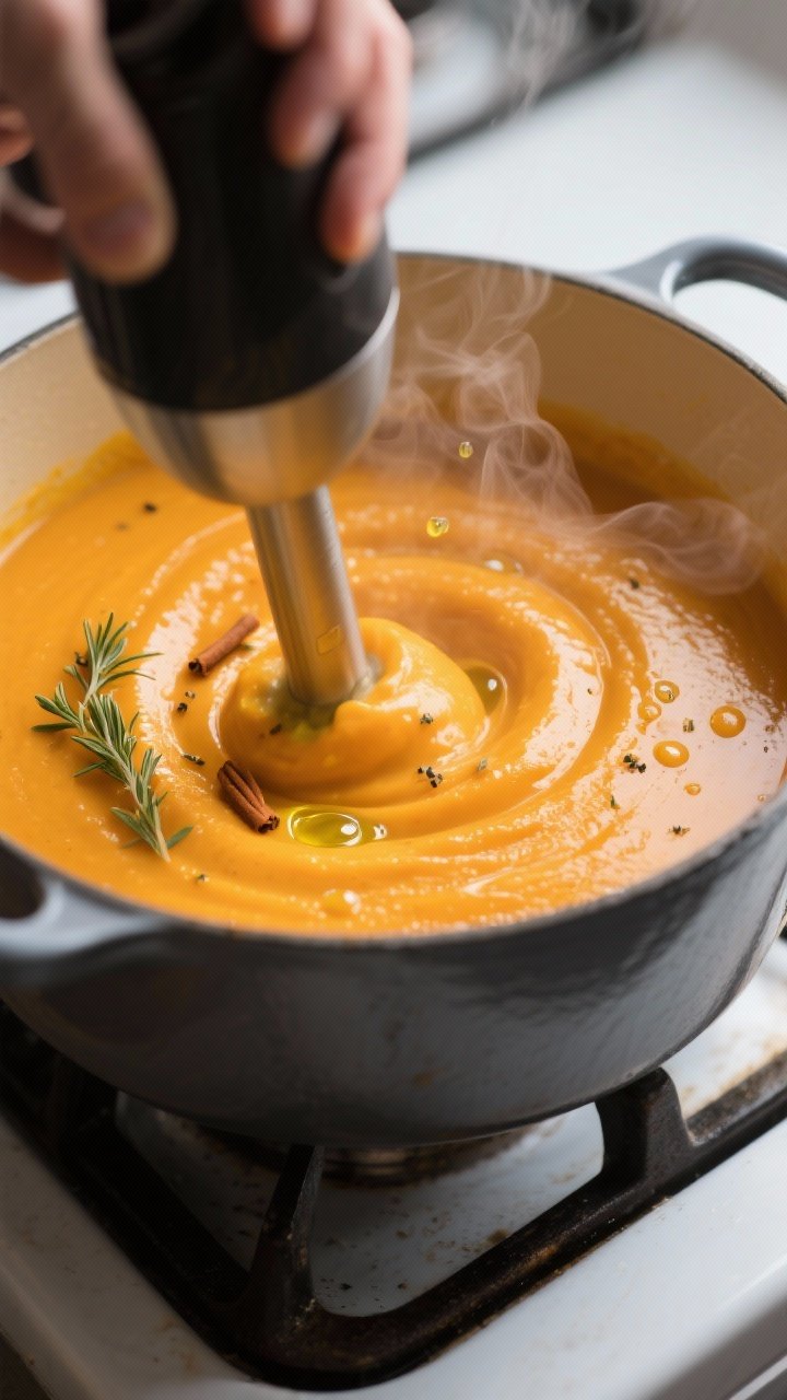 Close-up detail: Silky butternut squash soup mid-blend in a Dutch oven after simmering, immersion bl