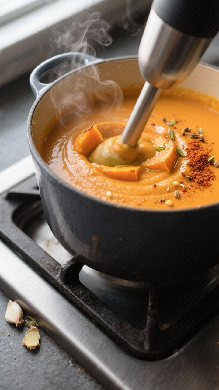Close-up detail: Silky vegan butternut squash soup mid-blend in a Dutch oven after simmering, captur