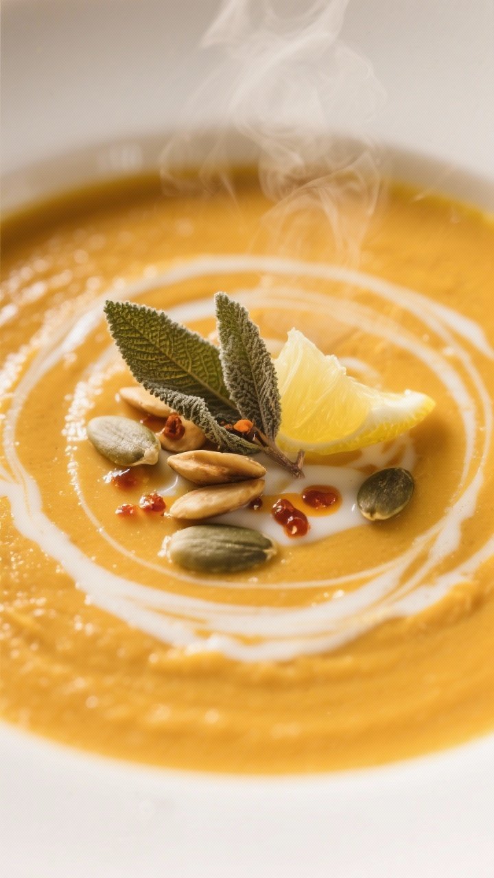 Close-up detail: Ultra-silky blended butternut squash soup being finished with a ribbon of full-fat 