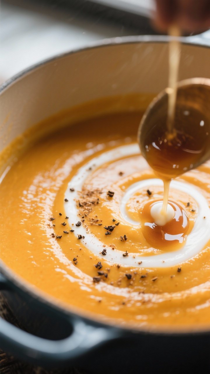 Close-up detail: Ultra-silky blended butternut squash soup being finished in the pot with a swirl of